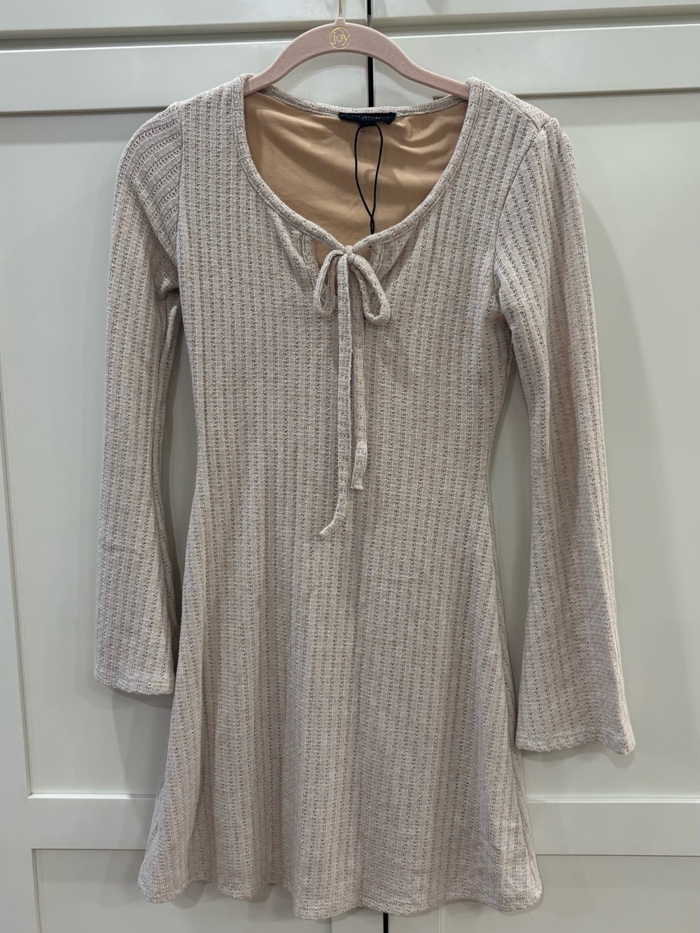 See You Monday Cream Waffle-Knit Tie-Neck Mini Dress